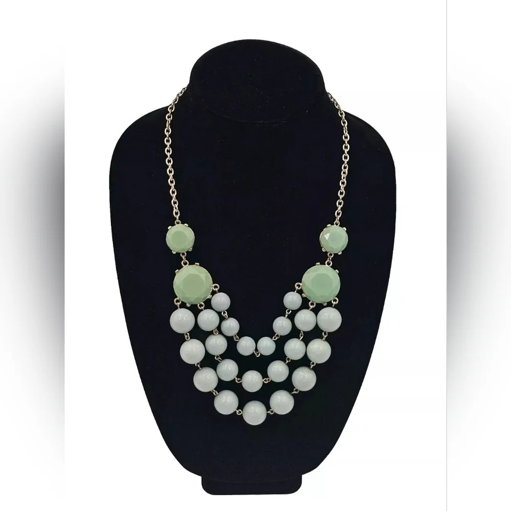 Light Green Beaded Gold Tone Bib 3 Strand Statement Necklace